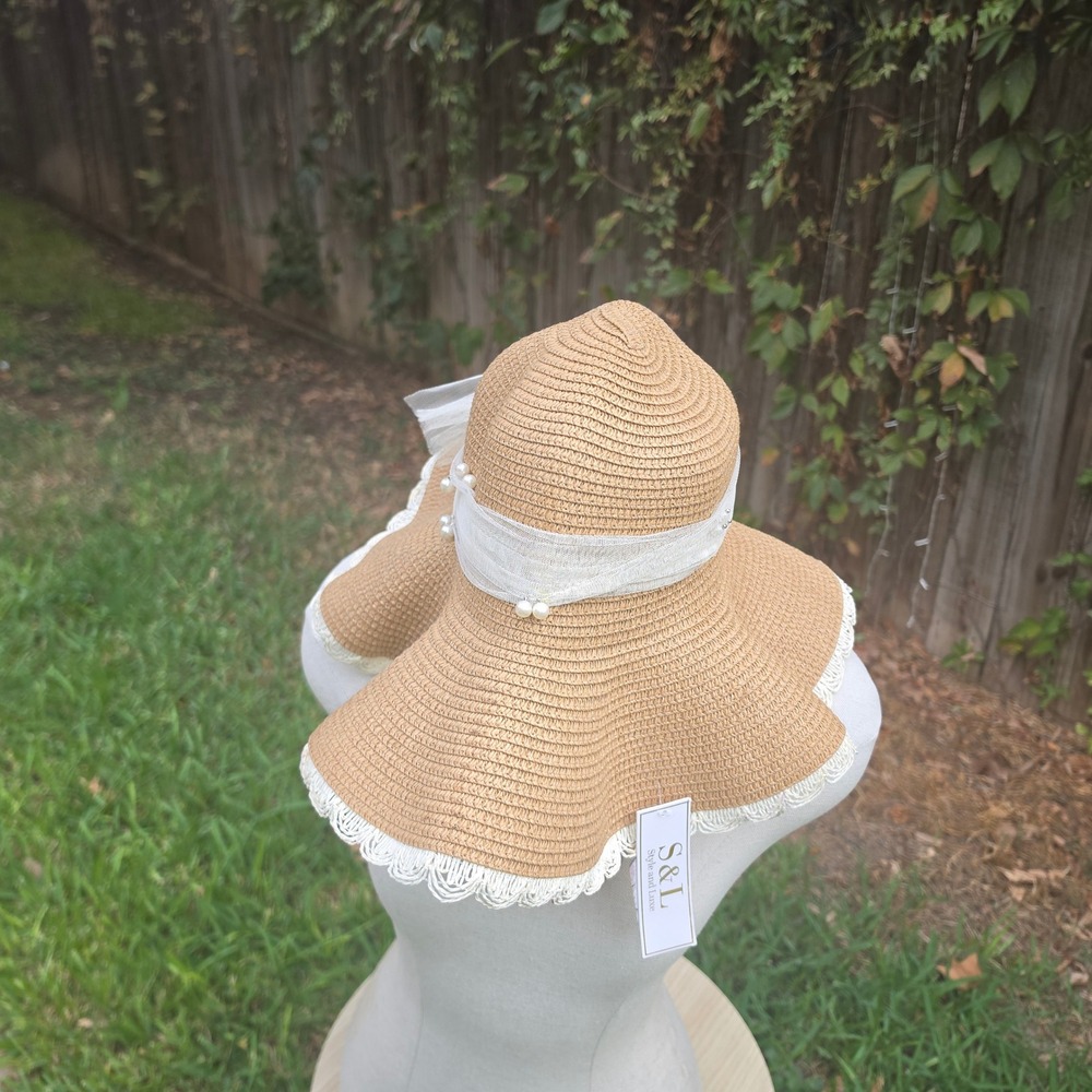 S&L Style and Luxe Tan Woven Sun Hat Pearl Tulle Bow Lace Trim Wide Brim NEW